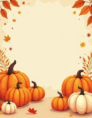 Autumn greeting from pumpkins and vegetables in beige and orange tones with copy space border background  spooky illustration decoration