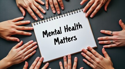 mental health diverse teams concept. Mental health awareness through supportive hands and messages.