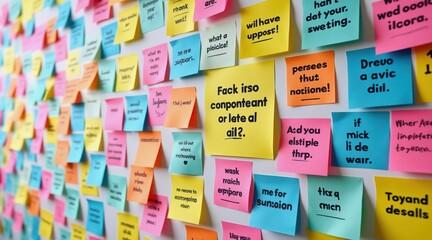 mental health diverse teams concept. Colorful sticky notes on a wall with various written messages.
