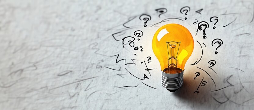 Orange glowing light bulb resting on white paper surrounded by hand-drawn black question marks and abstract lines symbolizing ideas and confusion