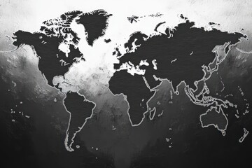 abstract black and white world map illustration with continents outlined against textured background evoking exploration and global connection