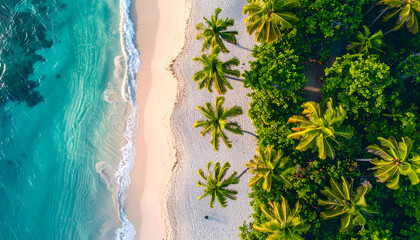 Aerial top down view of a pristine tropical beach with turquoise water and palm trees.
