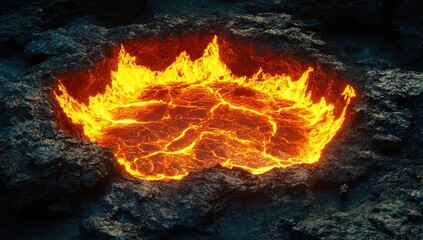 Fiery lava pool in dark rocky crevice