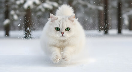 A fluffy white long-haired cat with striking green eyes runs through a snowy winter forest, kicking up powder.
