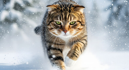 A determined tabby cat with striking green eyes charges forward through a winter snowscape.