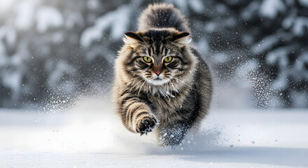 A majestic long-haired tabby cat with intense green eyes running directly towards the camera through fresh powder snow in a winter forest.