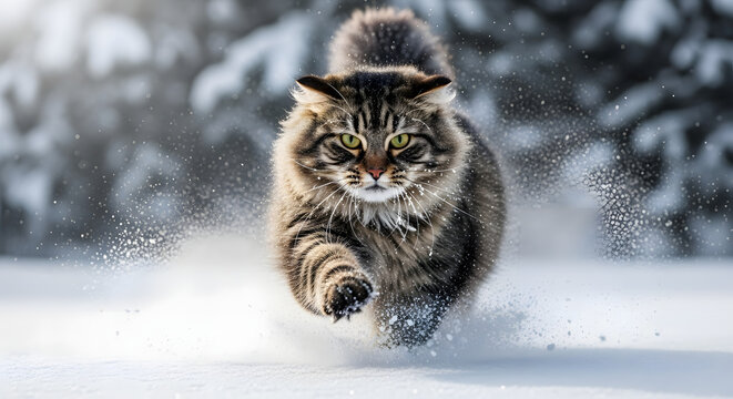 A majestic long-haired tabby cat with intense green eyes running directly towards the camera through fresh powder snow in a winter forest.