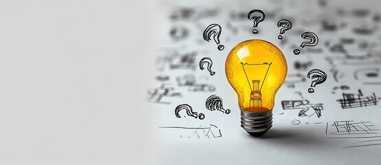Bright yellow light bulb surrounded by multiple hand-drawn question marks on a blurred paper background filled with sketches and notes representing ideas and creativity