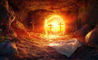 View from inside a rocky cave at sunrise with wooden crosses outside and a white cloth lying on the ground, evoking a serene and contemplative atmosphere
