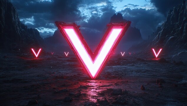 Neon V-shaped glyphs illuminate a desolate alien landscape at twilight
