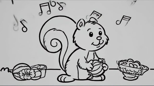 Black and white drawing of a cute squirrel holding a ball and eating from a bowl, surrounded by musical notes