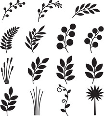 Botanical Blackout: A collection of elegant silhouette leaves and branches, rendered in stark black on a background, exuding natural simplicity and artistic charm.