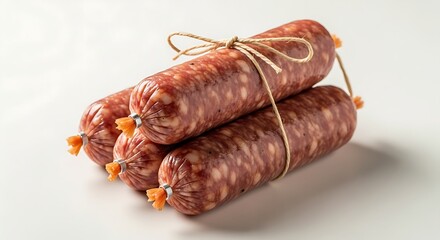 Three rustic, artisanal sausages tied together with twine, showcasing their coarse-ground meat texture and natural casings.