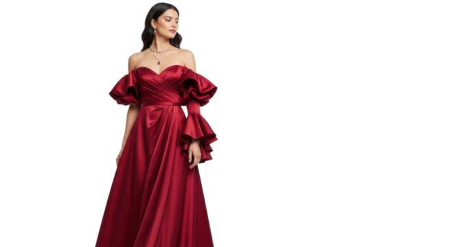 Elegant woman in long formal red dress on white background - Powered by Adobe
