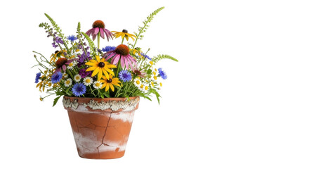 Wildflower bouquet in terracotta pot isolated PNG with Transparent Background