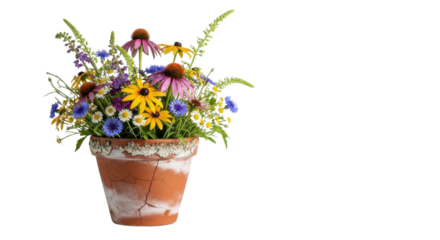 Wildflower bouquet in terracotta pot isolated PNG with Transparent Background
