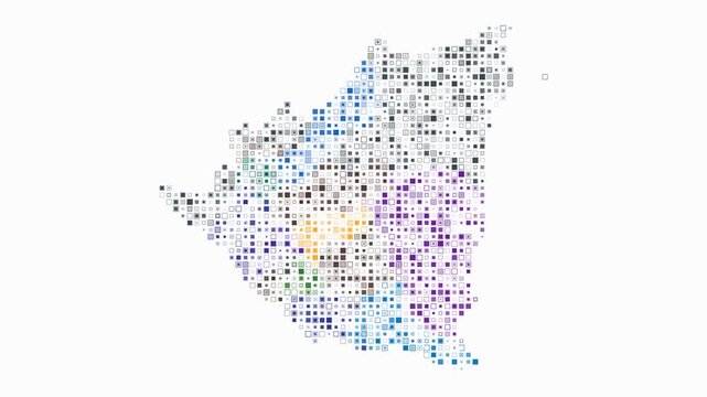 Nicaragua animated country shape. Pulsating colored dots on the map of the country. Small size square blocks. Digital style Nicaragua map on white background. Awesome animation video.