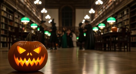 Fototapeta premium The glowing jack-o-lantern on a haunted library floor