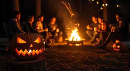 Halloween Night Camping with Jack-o-lantern and Friends