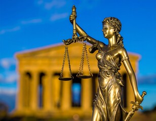 Justice statue in front of ancient building