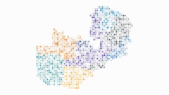 Zambia animated country shape. Pulsating colored dots on the map of the country. Small size rounded square blocks. Digital style Zambia map on white background. Plain animation video.