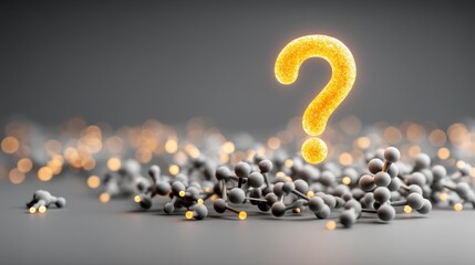 A glowing golden question mark hovers above a scattered cluster of gray molecular structures with small yellow highlights on a blurred background.