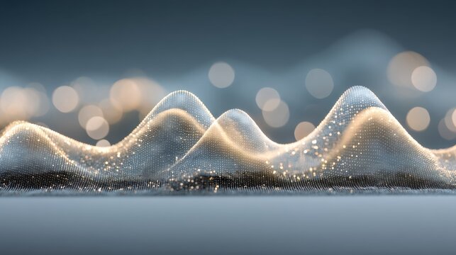 A digital wave composed of glowing dots and lines forms an abstract, flowing 3D mesh with bokeh lights in the background, evoking a futuristic and technological vibe.