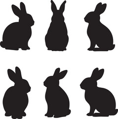 Six black silhouette rabbits posed in various positions on a white background