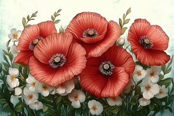 A bouquet of large vibrant red poppies surrounded by small white flowers and green foliage on a white background