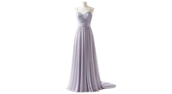 Elegant light purple long gown on white background