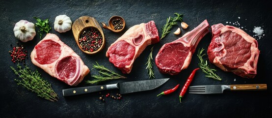 Four raw seasoned meat cuts arranged with fresh herbs, garlic cloves, mixed peppercorns, chili peppers, and coarse salt on a dark surface with a knife and fork