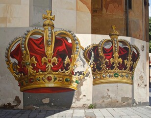 Royal mural display of regal crowns on aged wall