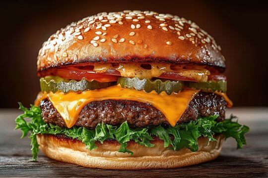 Close-up of a juicy cheeseburger with sesame seed bun, melted cheddar cheese, pickles, tomato, lettuce, and special sauce, evoking hunger and satisfaction
