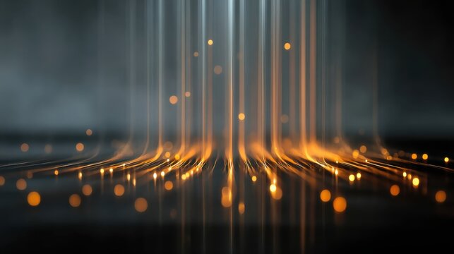 Abstract digital lights with vertical streaks of orange and yellow glowing orbs creating a futuristic, high-tech visual effect on a dark background.