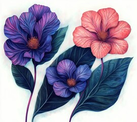 Illustration of three large vibrant flowers in shades of purple and pink with detailed petals and large dark green leaves on a light background