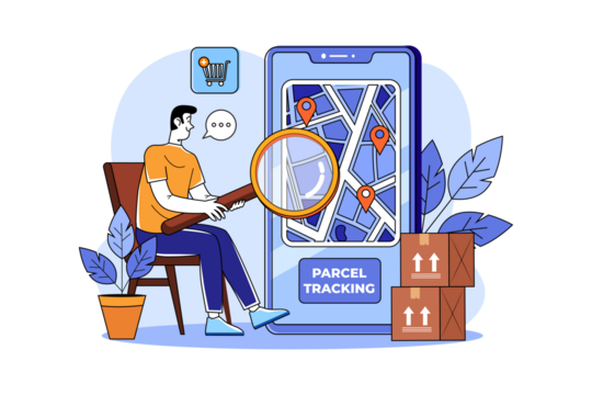 Man Inspecting Parcel Tracking Map on Smartphone with Magnifying Glass and Boxes Flat Vector Illustration on Transparent Background