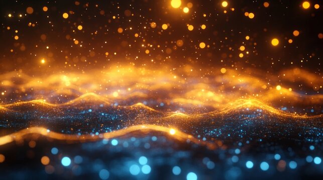 Abstract glowing particles creating a dynamic wave pattern with warm golden lights above and cool blue lights below, conveying energy and motion