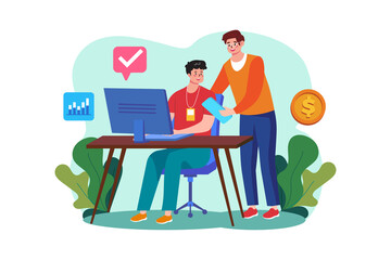 Man Mentoring Colleague at Desk with Computer and Documents in Light Teal Workspace Featuring Tick...