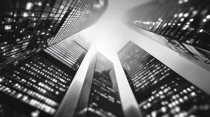 Black and white photo capturing towering skyscrapers from a low angle, emphasizing their height and the misty sky above.