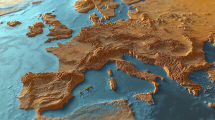 detailed 3d relief map showing european continent with mountains and surrounding seas under warm lighting