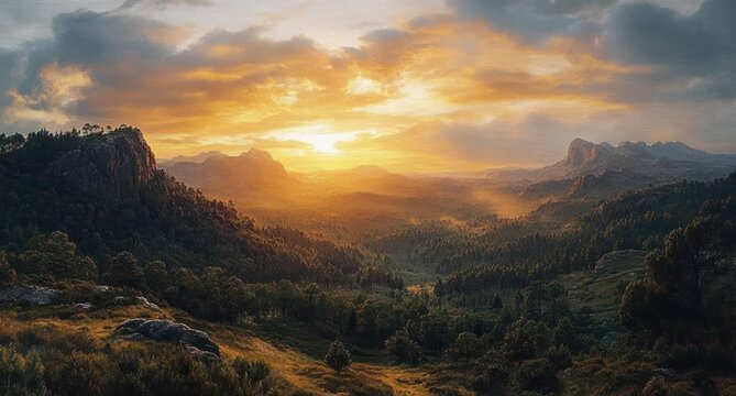 Sunset over sprawling forested mountains with dramatic cloudy sky casting warm golden light on the landscape