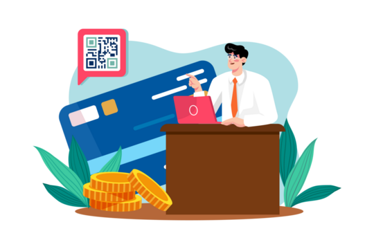 Man Pointing with Laptop Behind Wooden Counter with Credit Card Coins and Qr Code Isolated on Transparent Background