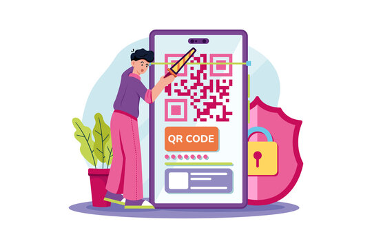 Man Points Pen at Qr Code on Mobile with Shield and Padlock Protection System on Transparent Background