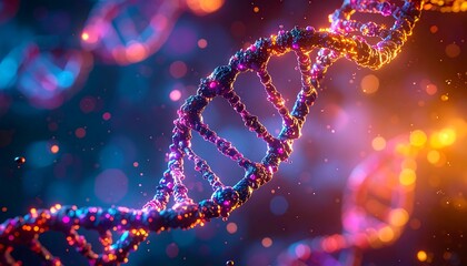 A close-up of a luminous double helix, biological molecule. The structure is highlighted by vibrant oranges, pinks, and blues. Bubbles diffuse, creating depth