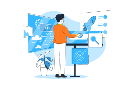 Man Presenting Blue Infographics with Rocket and Charts on Transparent Backdrop