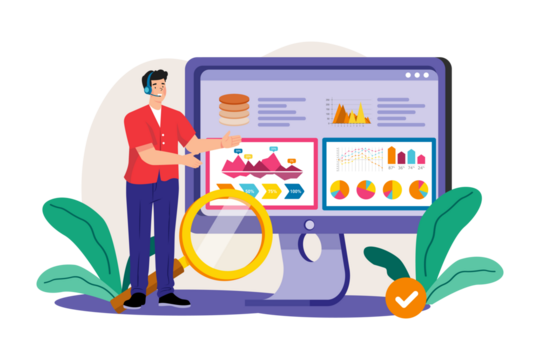 Man Presenting Data Analysis on Computer Screen with Transparent Background