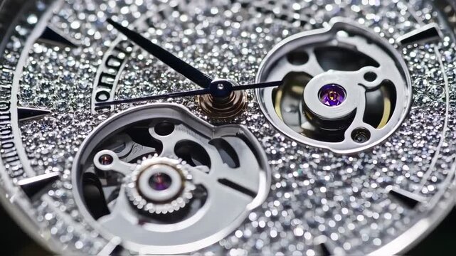 Close-up of a luxury watch movement, adorned with numerous glittering diamonds