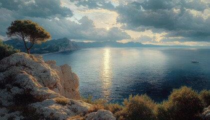 Calm coastal landscape at sunset with rocky cliffs, a lone tree, dense bushes, distant mountain range, reflective sea, and a small boat under a cloudy sky