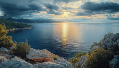 serene coastal landscape with rocky cliffs and lush greenery overlooking calm sea under dramatic cloudy sky at sunset