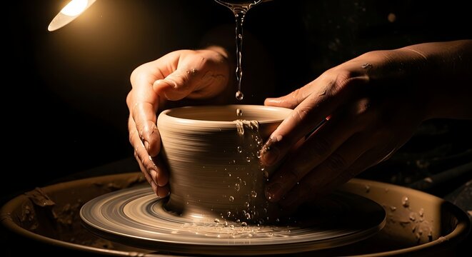 Skilled artisan hands shaping wet clay on a pottery wheel